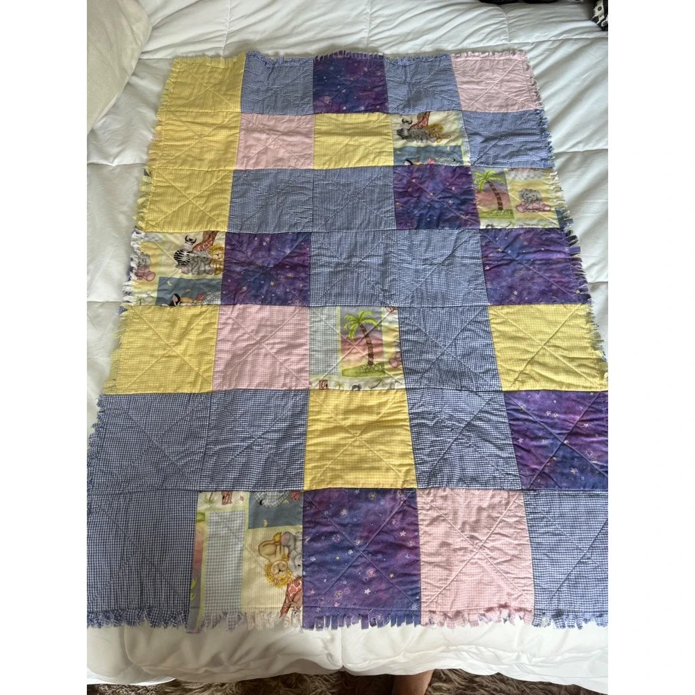 Handmade Patchwork Rag Quilt Kids One Size Multi Color Excellent Animal Print